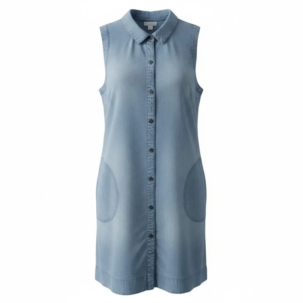 J. Jill Denim Medium Blue Relaxed Casual Sleeveless Button-Up Dress Pockets - Picture 1 of 8